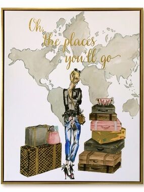 Oh, the Places You'll Go - Travel Art Poster in Gold, Blue and Pink